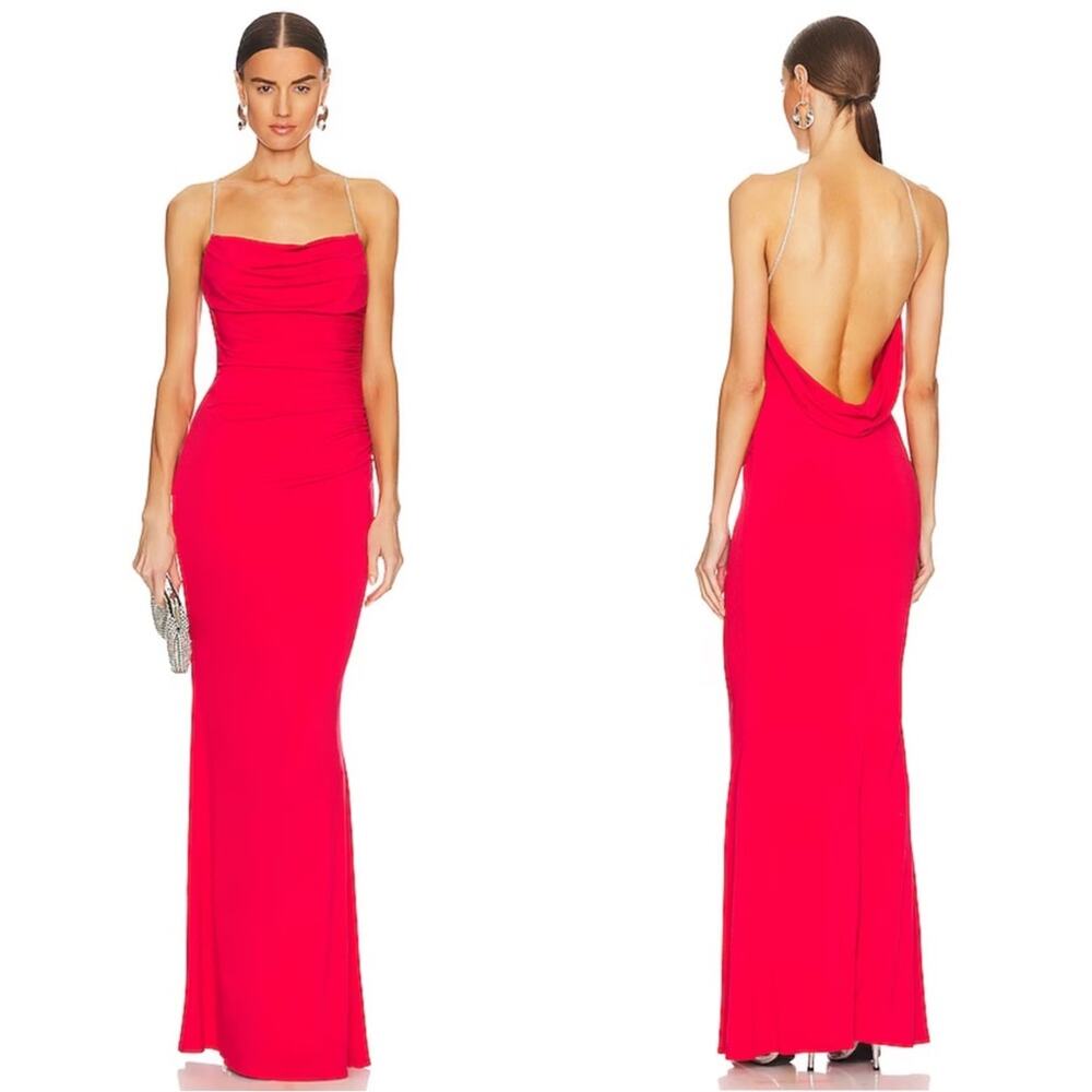 KATIE MAY Lolita Cowl Neck Crystal Embellished Cherry Red Maxi Gown Size XL